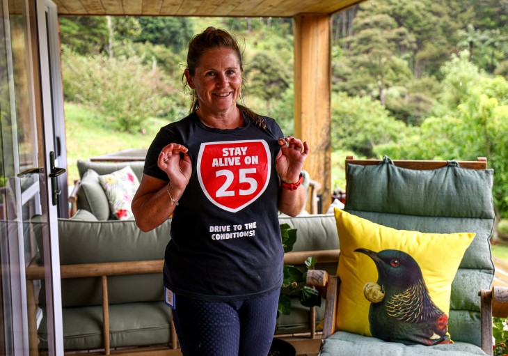 Ingrid Le Fevre from the Thames-Coromandel District Council wearing a 'Stay Alive on 25' t-shirt.